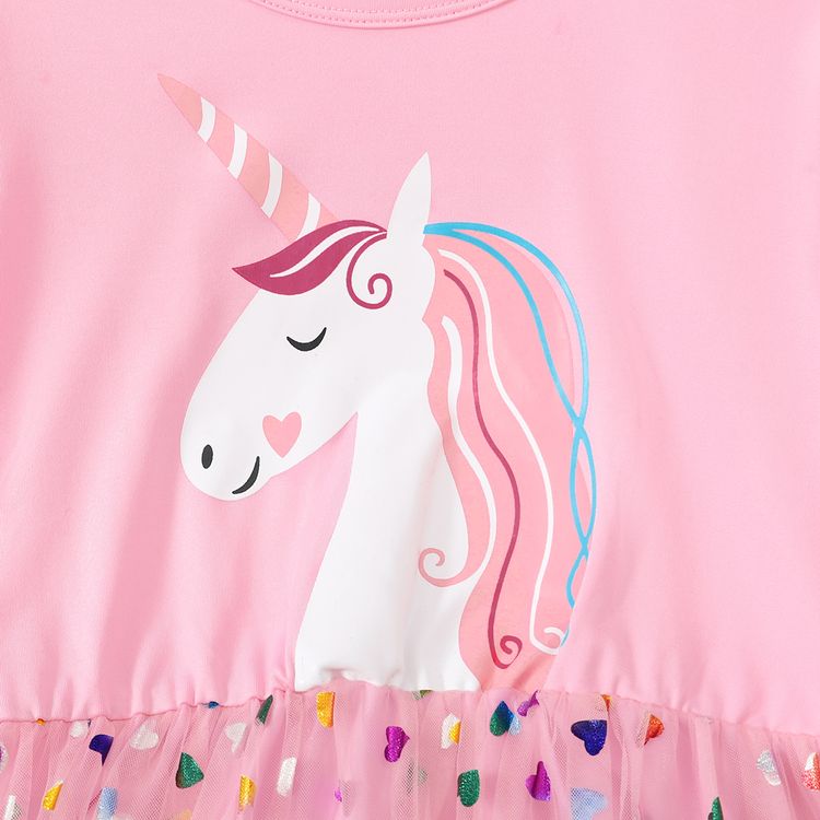 Kid Girl Unicorn Print Heart Glitter Design Mesh Splice Short-sleeve Dress Pink