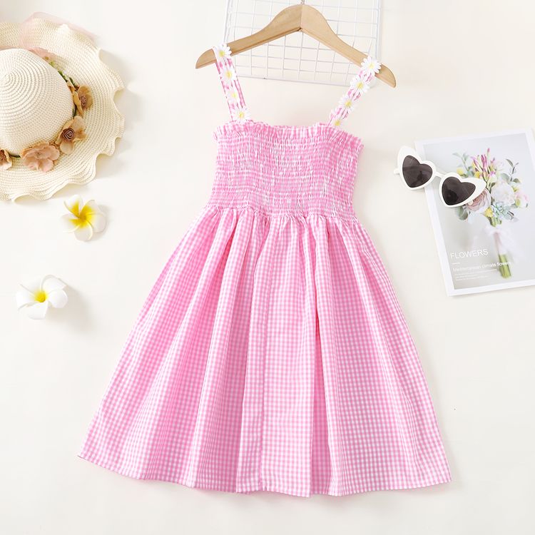 Kid Girl Floral Embroidered Plaid Smocked Cami Dress Pink