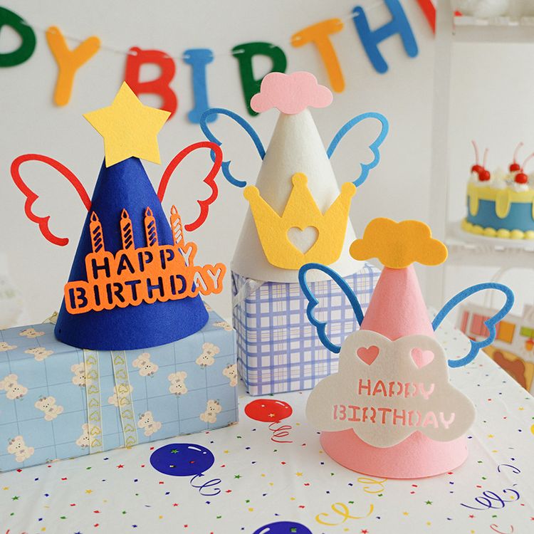 Happy Birthday Felt Non-Woven Hat Birthday Party Cone Hats Art Craft Caps for Birthday Party Supplies Props White