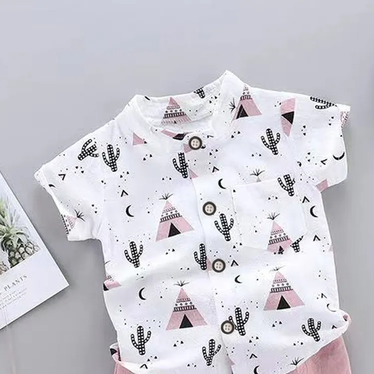 2pcs Baby Boy 95% Cotton Short-sleeve All Over Cactus Print Button Up Shirt and Solid Shorts Set Pink