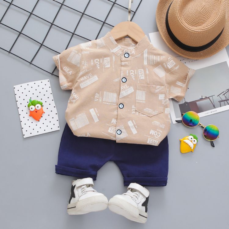 2pcs Printed Short-sleeve Baby Set Khaki