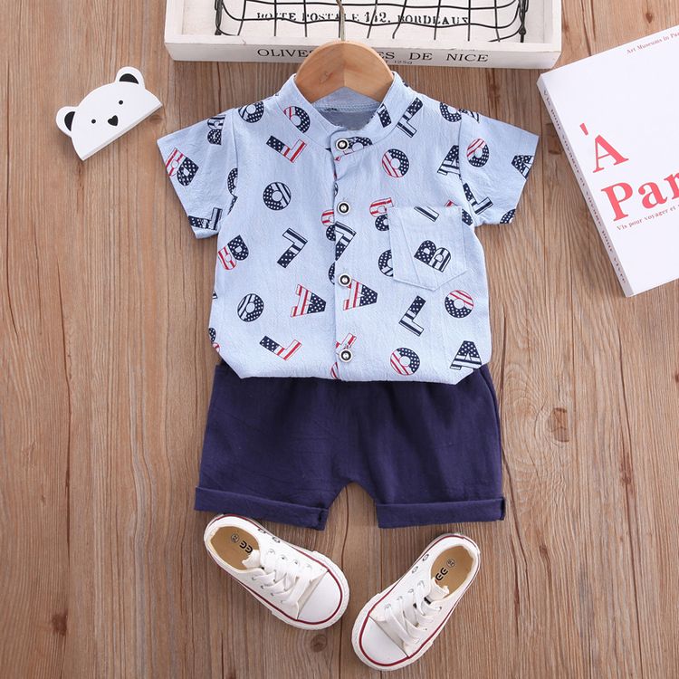 2pcs Baby Boy 95% Cotton Short-sleeve All Over Letter Print Button Up Shirt and Solid Shorts Set Royal Blue
