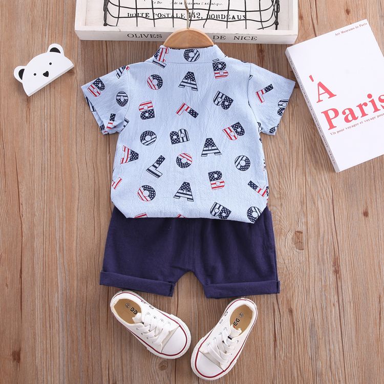 2pcs Baby Boy 95% Cotton Short-sleeve All Over Letter Print Button Up Shirt and Solid Shorts Set Royal Blue