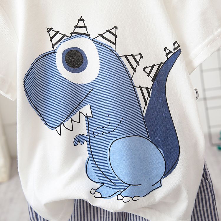 2pcs Toddler Boy Playful Dinosaur Print Tee & Stripe Shorts Set Multi-color