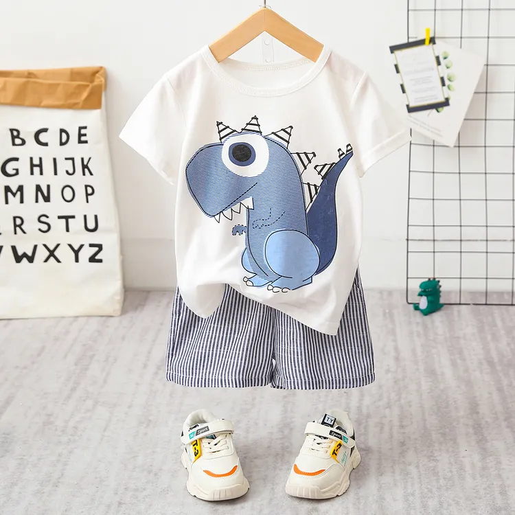2pcs Baby Boy Cartoon Dinosaur Print Short-sleeve T-shirt and Pinstriped Shorts Set White