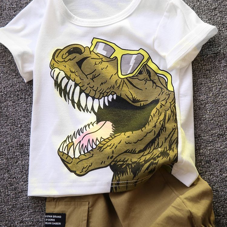 2pcs Baby Boy Glasses Dinosaur Print Short-sleeve Tee and Cargo Shorts Set White