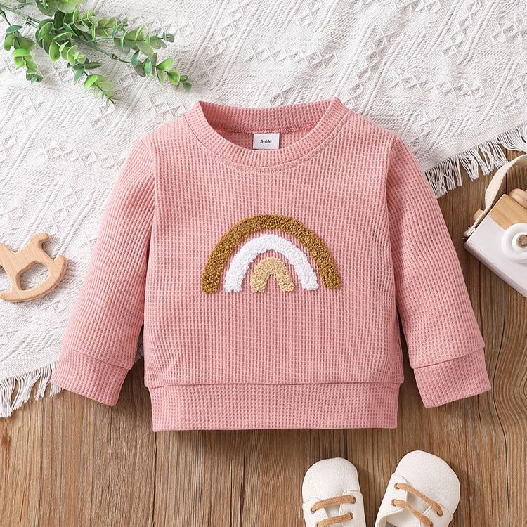 Baby Boy/Girl Rainbow Pattern Waffle Long-sleeve Pullover Sweatshirt Pink