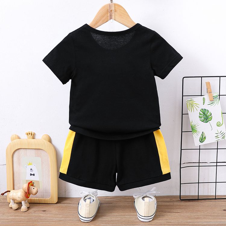 2pcs Baby Boy 95% Cotton Short-sleeve Letter Print Black T-shirt and Colorblock Shorts Set Black