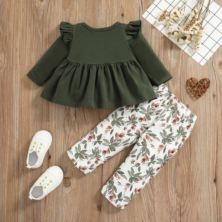 2pcs Baby Dark Green Cotton Long-sleeve Bowknot Top and All Over Leaves Print Trousers Set Dark Green