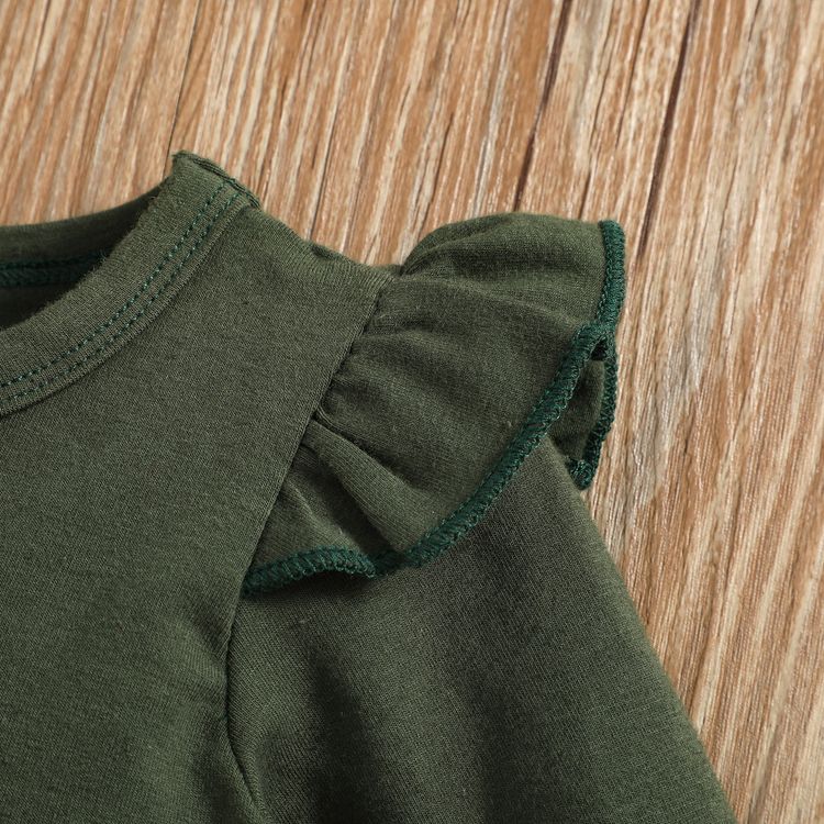 2pcs Baby Dark Green Cotton Long-sleeve Bowknot Top and All Over Leaves Print Trousers Set Dark Green