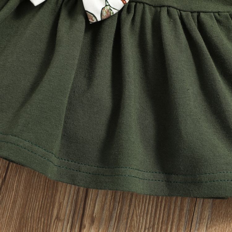 2pcs Baby Dark Green Cotton Long-sleeve Bowknot Top and All Over Leaves Print Trousers Set Dark Green