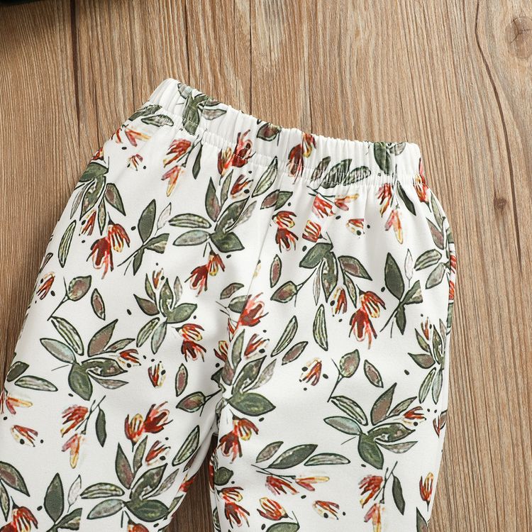 2pcs Baby Dark Green Cotton Long-sleeve Bowknot Top and All Over Leaves Print Trousers Set Dark Green