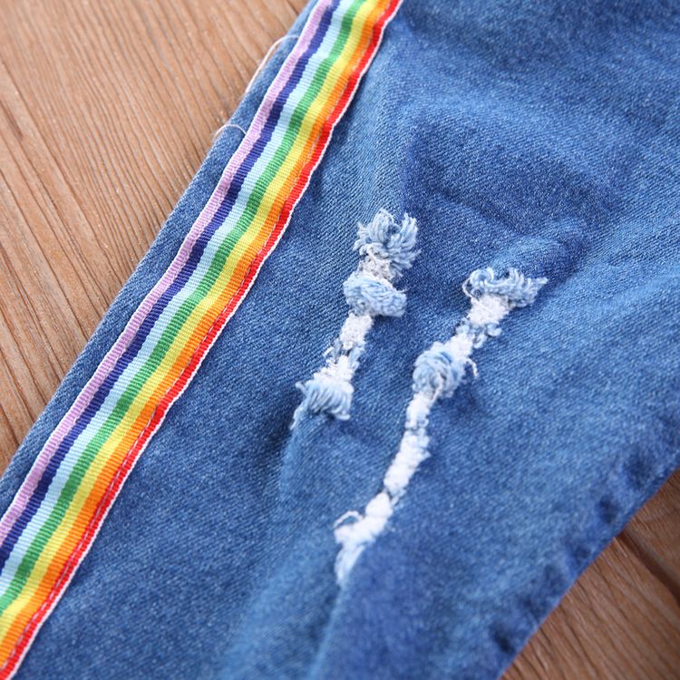 2pcs Baby Boy 95% Cotton Long-sleeve Rainbow Print Sweatshirt and Ripped Jeans Set White