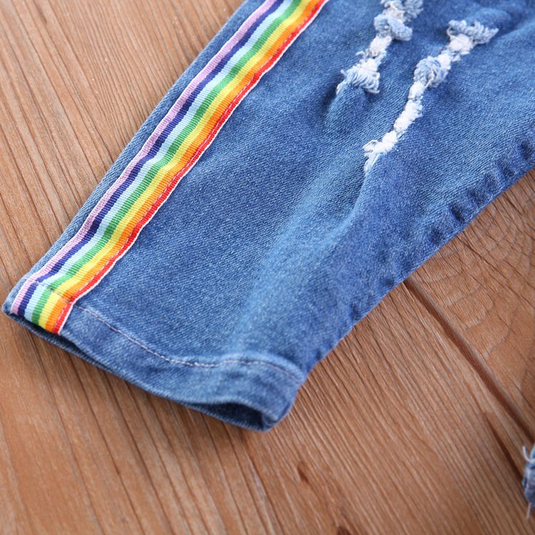 2pcs Baby Boy 95% Cotton Long-sleeve Rainbow Print Sweatshirt and Ripped Jeans Set White