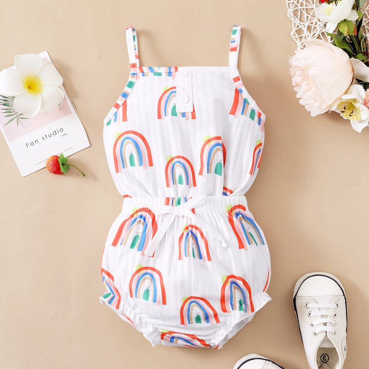 2pcs Baby Girl Allover Rainbow Print White Ribbed Sleeveless Spaghetti Strap Romper and Shorts Set White