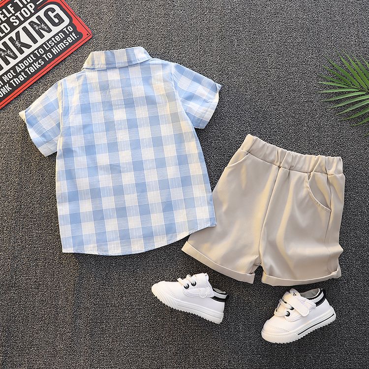 3pcs Toddler Boy Casual White Tee, Plaid Shirt and Elasticized Shorts Set Blue