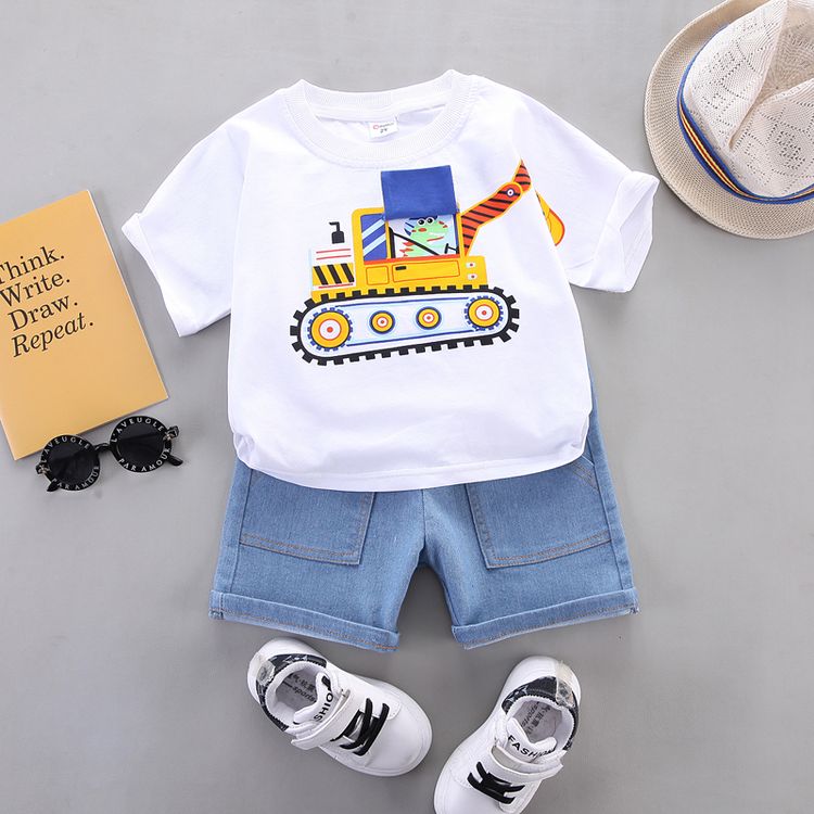 2pcs Toddler Boy Playful Denim Pocket Design Shorts and Vehicle Print Tee set White