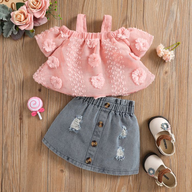 pink denim skirt set