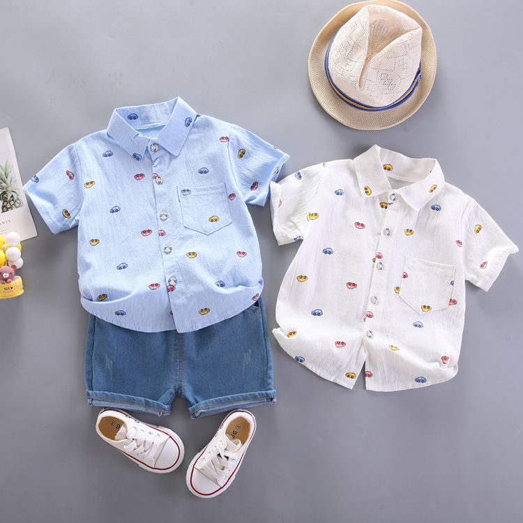 2pcs Toddler Boy Playful Denim Shorts & Car Print Shirt Set White