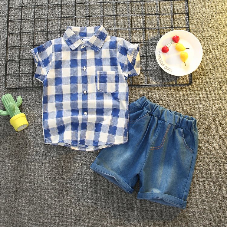 2-piece Toddler Boy Plaid Short-sleeve Short and Denim Shorts Set Blue