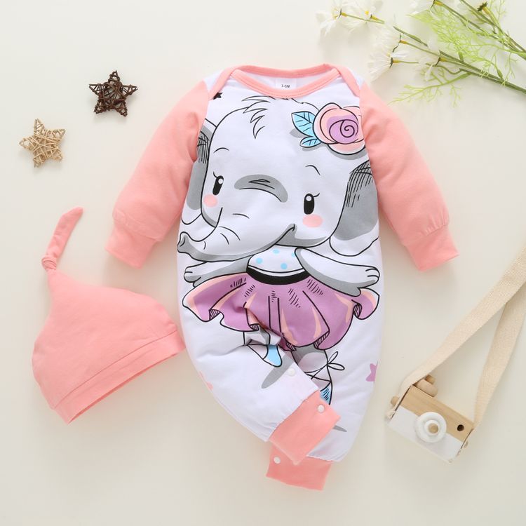 2pcs Baby Cartoon Elephant Print Long-sleeve Cotton Jumpsuit Set Light Pink