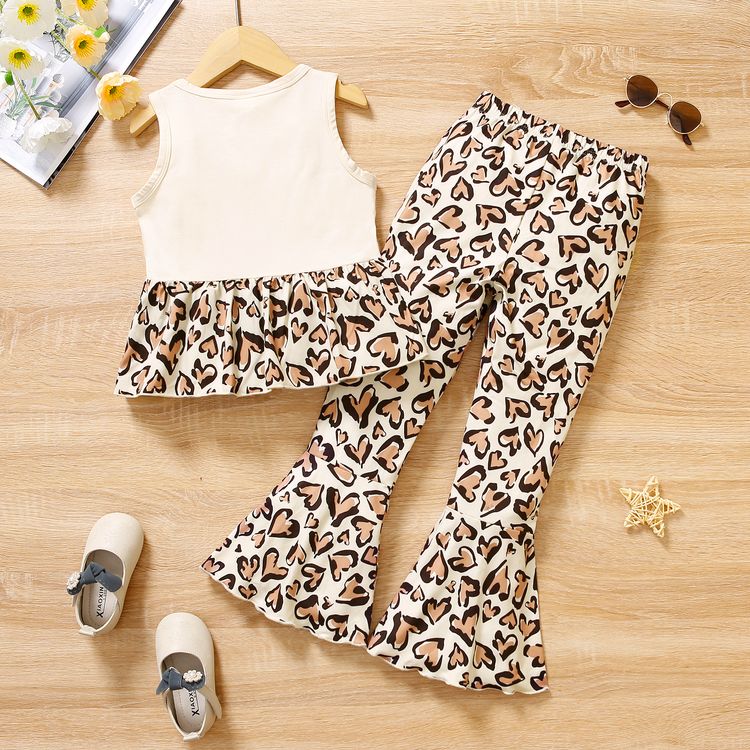 2pcs Toddler Girl Letter Leopard Print Sleeveless Tee and Flared Pants Set Apricot