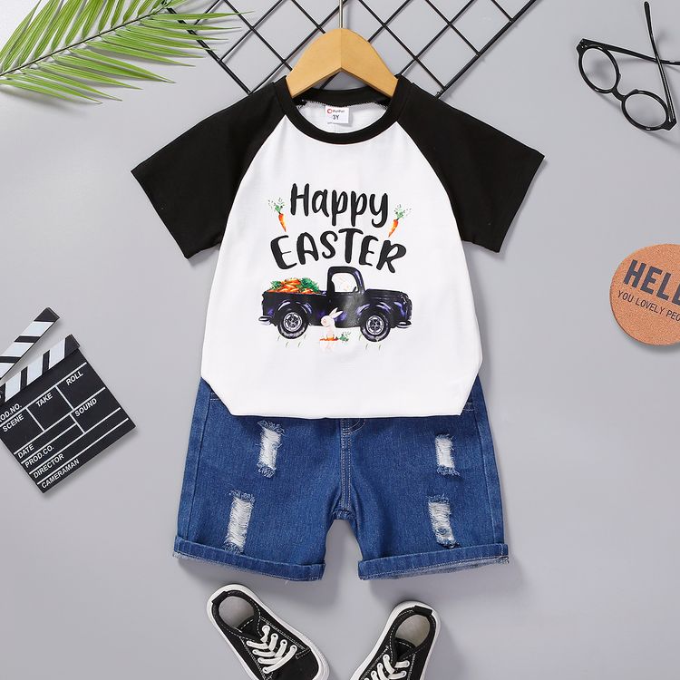 Easter 2pcs Toddler Boy Playful Ripped Denim Shorts and Letter Print Tee Set Color block