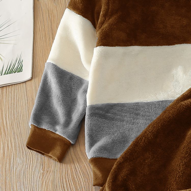 2-piece Toddler Boy Colorblock Fuzzy Flannel Fleece Pullover Sweatshirt and Solid Color Pants Set Brown