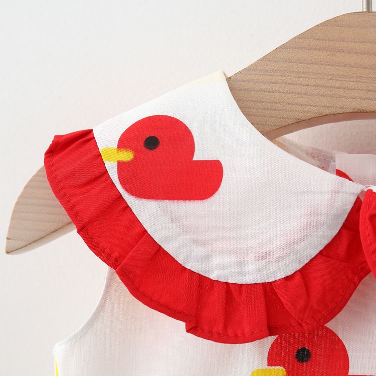 100% Cotton 2pcs Baby Girl Allover Cartoon Duck Print Ruffle Peter Pan Collar Sleeveless Dress with Hat Set White