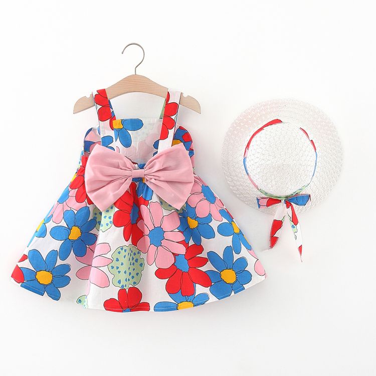 100% Cotton 2pcs Baby Girl All Over Colorful Floral Print Sleeveless Bowknot Dress with Hat Set Pink