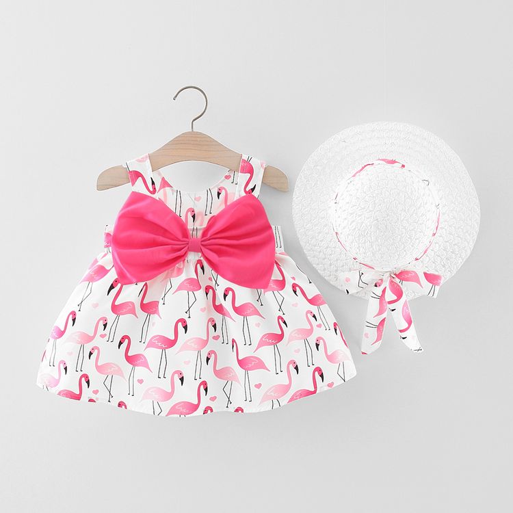 2pcs Baby Girl Bow Front Allover Flamingo Print Tank Dress with Straw Hat Set Pink