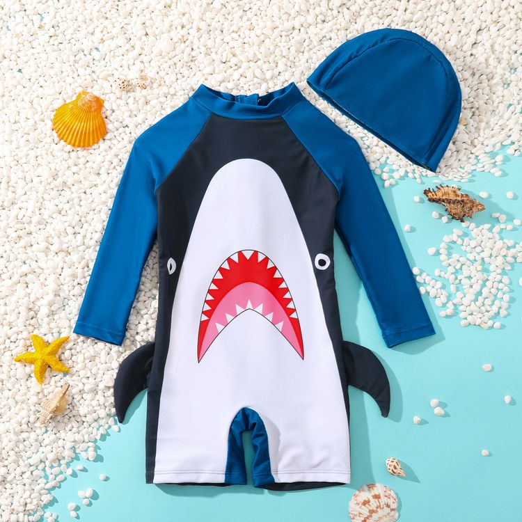 2pcs幼児男の子遊び心のあるサメプリントジッパーワンピース水着とキャップセット 952 71patpat Asia移動のみ