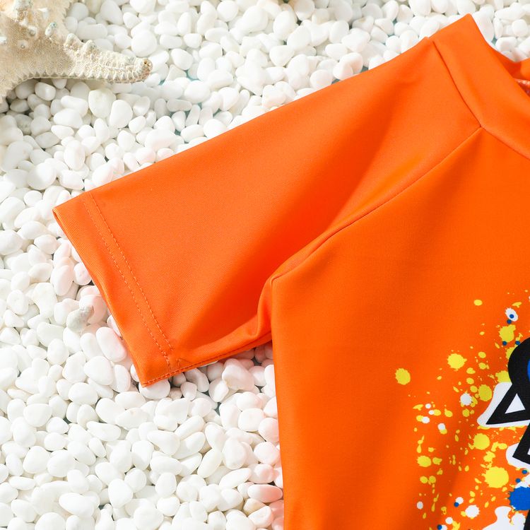 3pcs Toddler Boy Vacation Shark Print Top & Shorts and Cap Swimsuit Set Orange