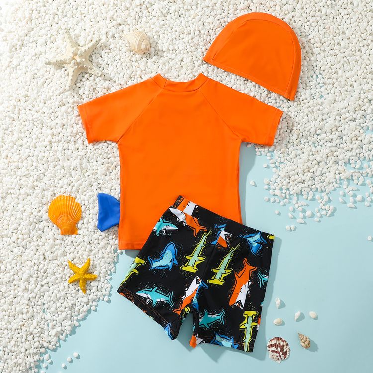 3pcs Toddler Boy Vacation Shark Print Top & Shorts and Cap Swimsuit Set Orange