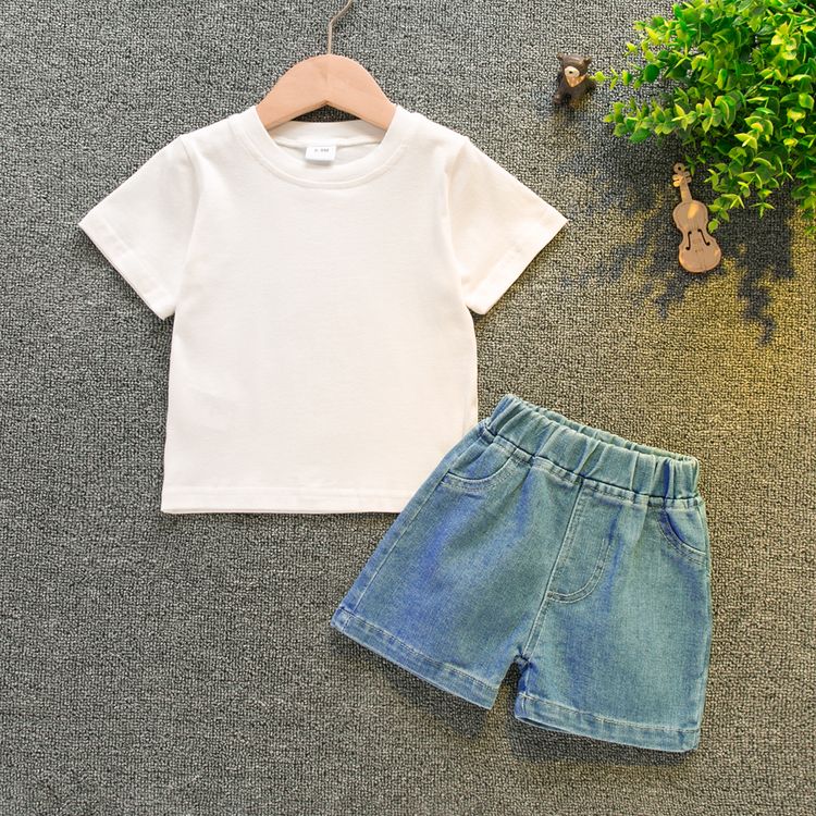2pcs Baby Boy Cartoon Dinosaur Print Short-sleeve T-shirt and Denim Shorts Set White