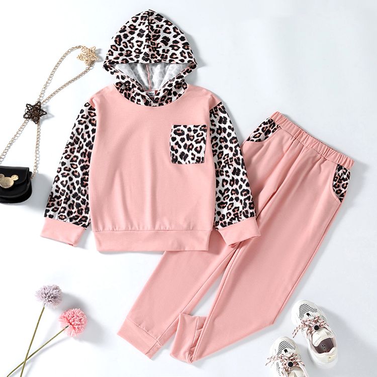 2-piece Kid Girl Leopard Print Colorblock Hoodie Sweatshirt and Pants Set Pink
