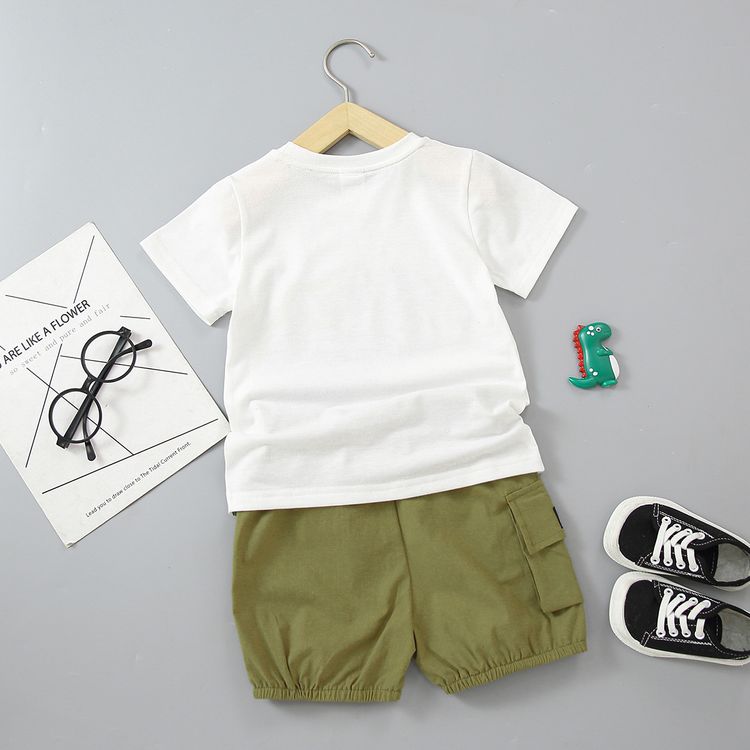 2pcs Toddler Boy Playful Dinosaur Print Tee & Cargo Shorts Set White