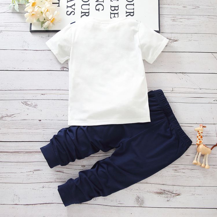 2pcs Toddler Boy Chevron Stripes Tee and Letter Print Pants Set Dark Blue/white