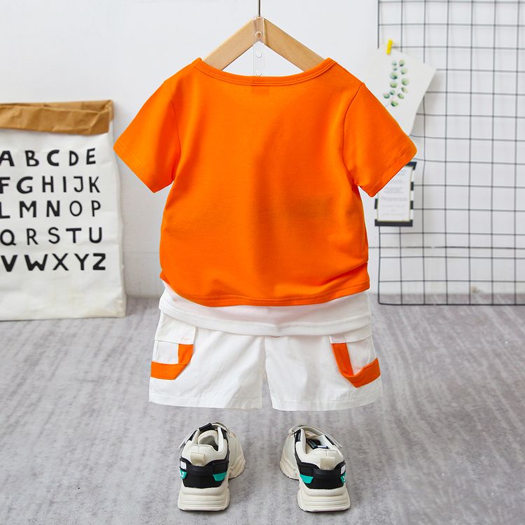 2pcs Toddler Boy Trendy Letter Print Tee and Shorts Set Orange