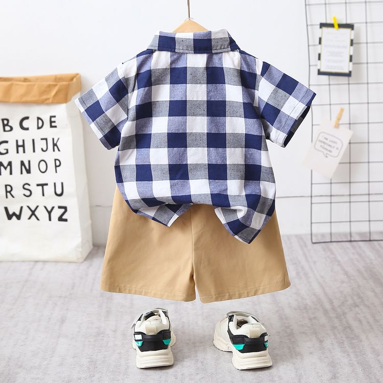 2pcs Toddler Boy Casual Plaid Shirt & Khaki Shorts Set Black/White
