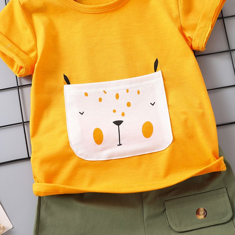 2pcs Toddler Boy Playful Animal Print Pocket Design Tee and Cargo Shorts Set Orange