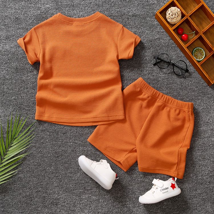 2pcs Toddler Boy Casual Solid Color Waffle Tee and Elasticized Shorts Set Brick red
