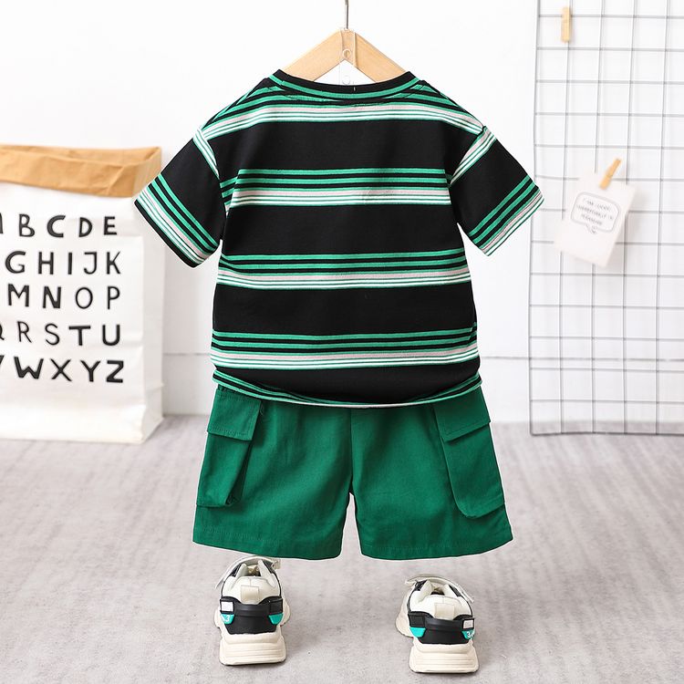 2pcs Toddler Boy Trendy 100% Cotton Stripe Tee and Pocket Design Cargo Shorts Set Black