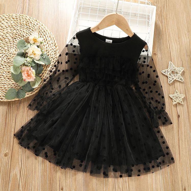 Baby Black Polka Dots Layered Ruffle Mesh Long-sleeve Tutu Dress Black
