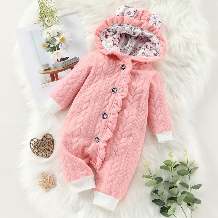 3D Ears Hooded Long-sleeve Ruffle Pink Thickened Lined Baby Jumpsuit Pink