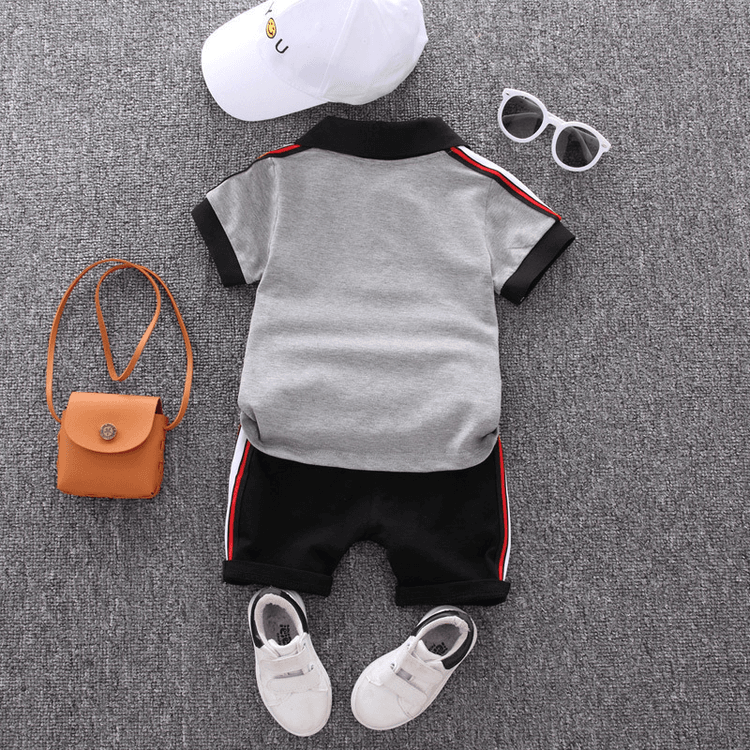2pcs Toddler Boy Casual Colorblock Striped Polo Shirt and Shorts Set Light Grey