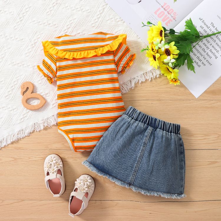 2pcs Baby Girl 95% Cotton Short-sleeve Ruffle Collar Striped Romper and Frayed Raw Trim Embroidered Denim Skirt Set Orange