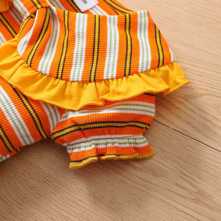 2pcs Baby Girl 95% Cotton Short-sleeve Ruffle Collar Striped Romper and Frayed Raw Trim Embroidered Denim Skirt Set Orange