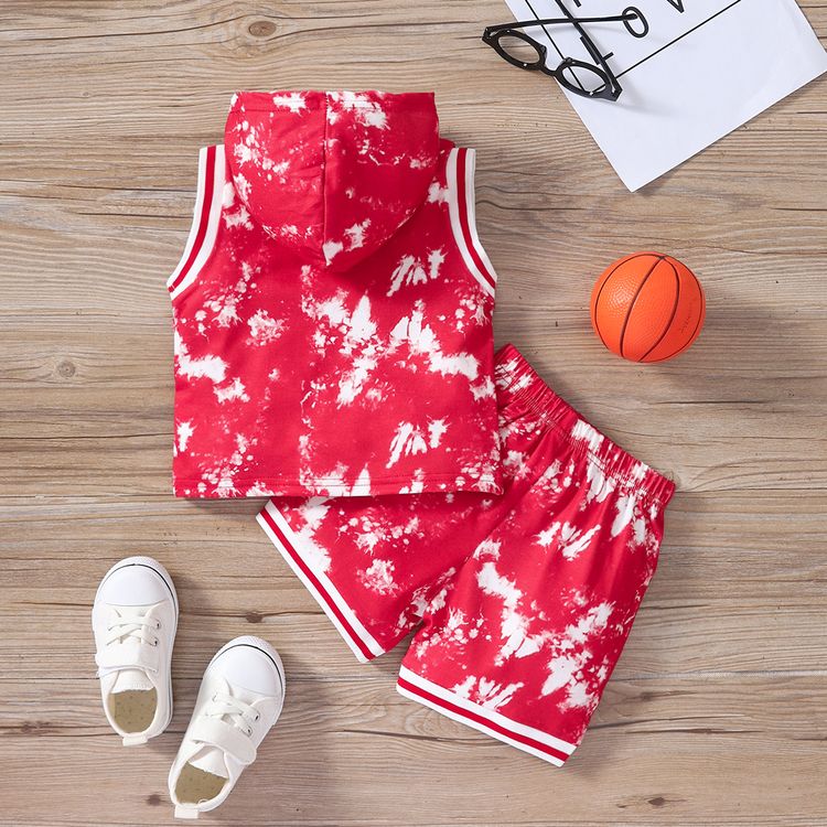 2pcs Baby Boy Number & Letter Print Tie Dye Sporty Hooded Tank Top and Shorts Set Red