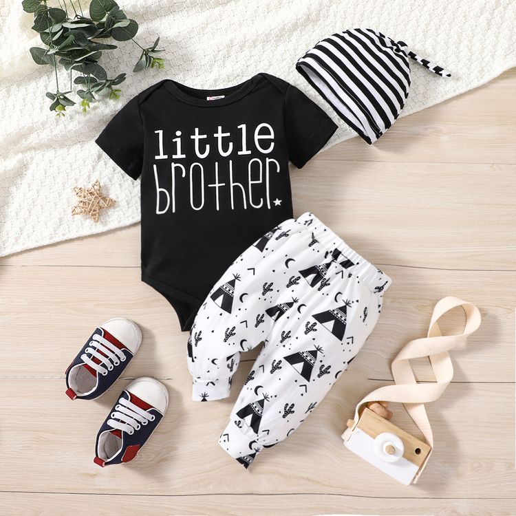 3pcs Baby Boy Letter Graphic Short-sleeve Romper and Allover Cactus Print Pants & Striped Hat Set Black
